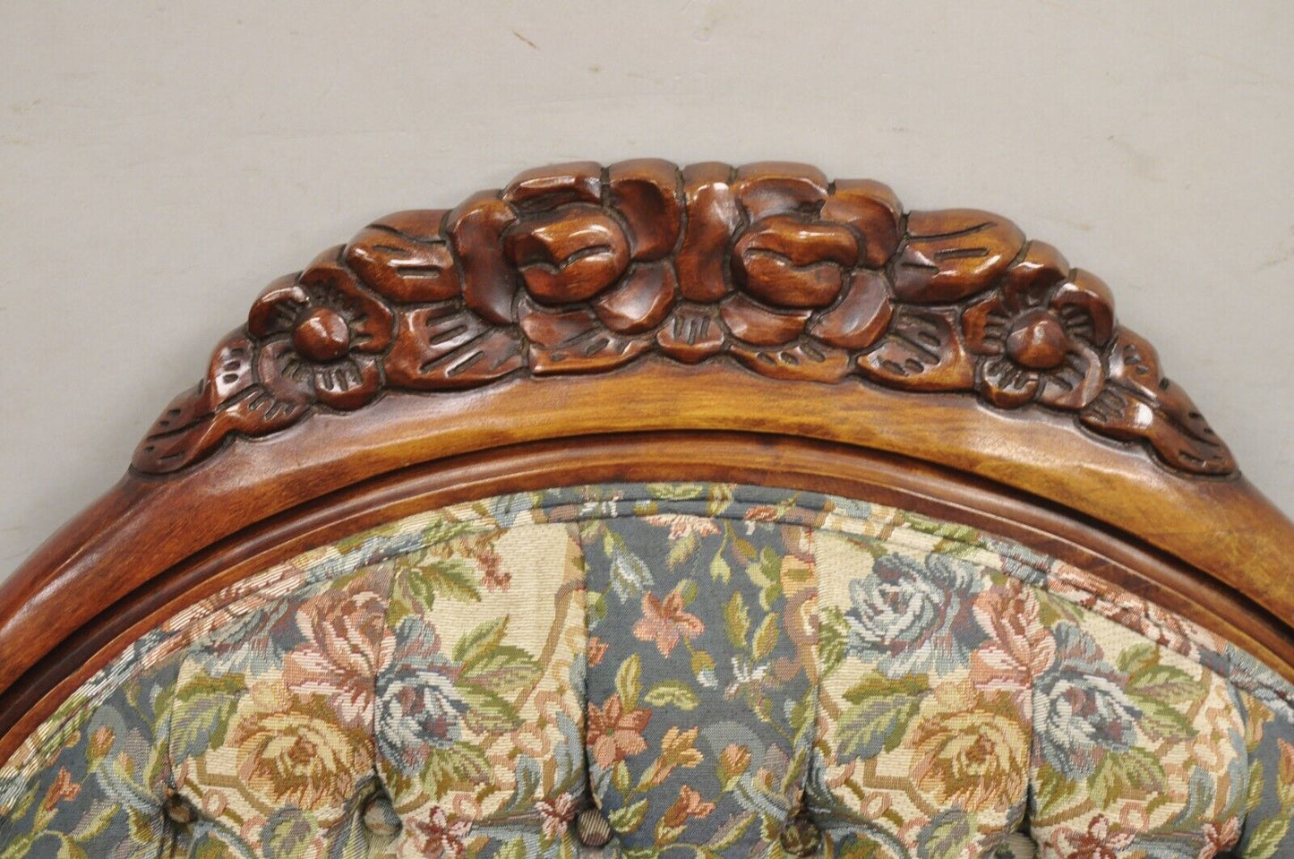 Vintage Victorian Style Cherry Wood Floral Tapestry High Cameo Back Sofa