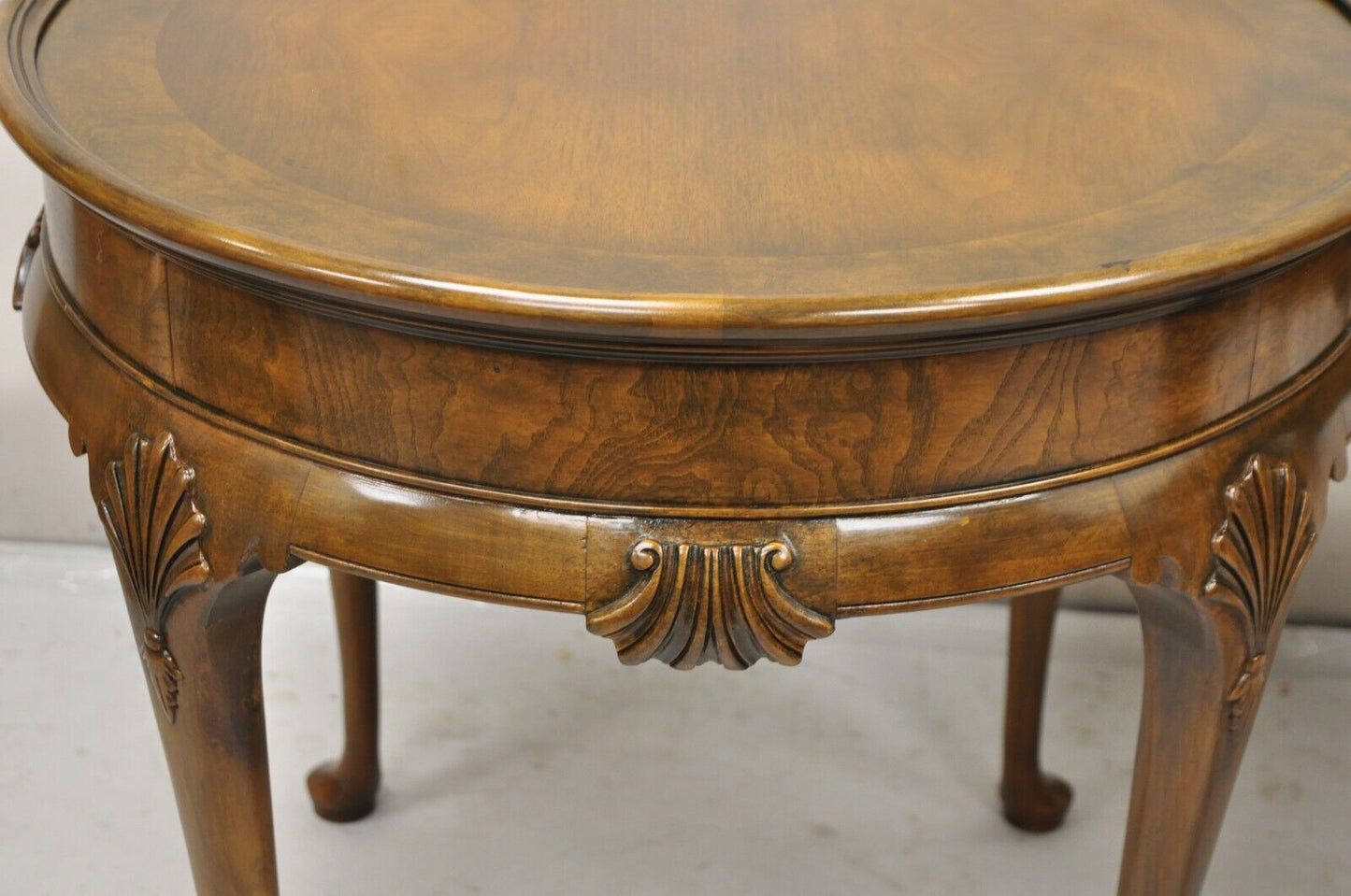 Pair Baker Furniture English Queen Anne Style Burl Walnut Round Side End Tables