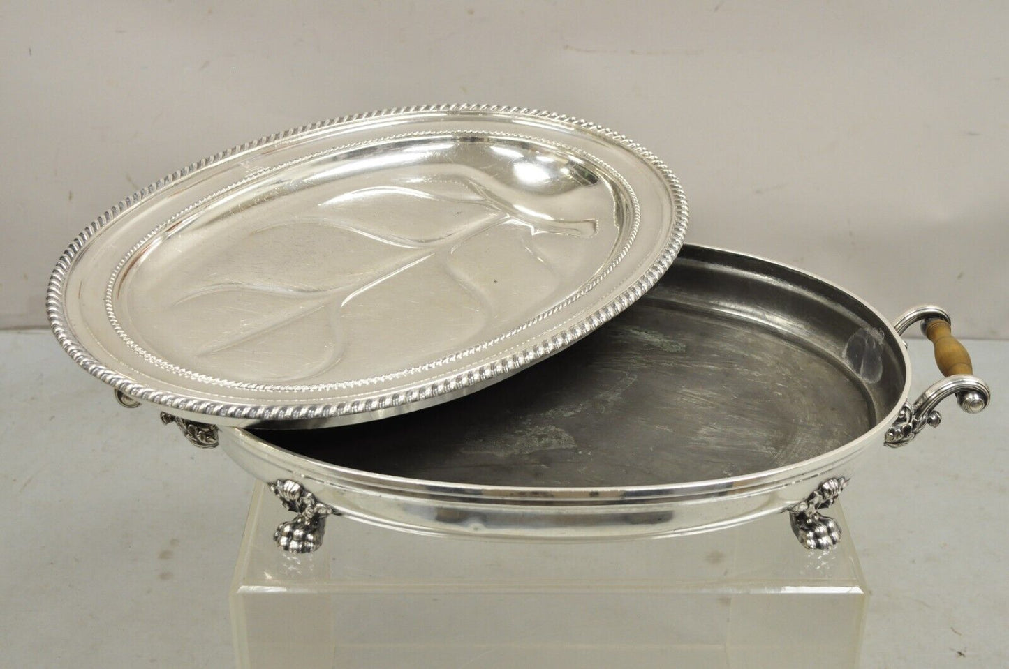 Antique English Victorian Silver Plated Paw Foot Meat Cutlery Chaffing Dish Tray
