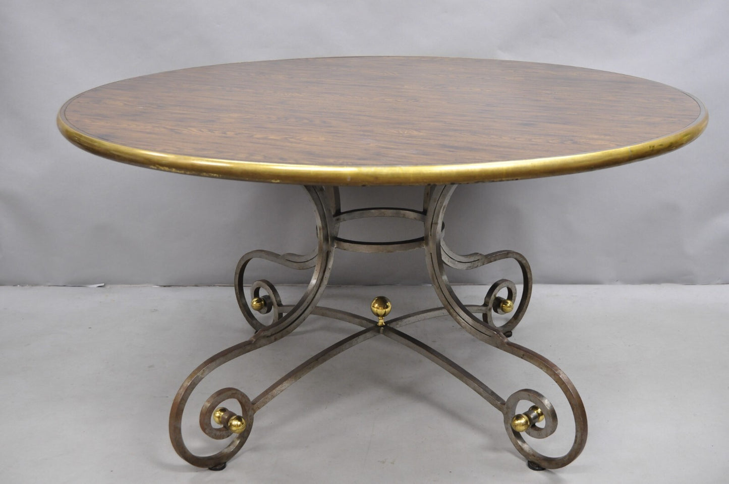 Vintage French Pastry Scrolling Steel and Bronze Neoclassical Round Dining Table