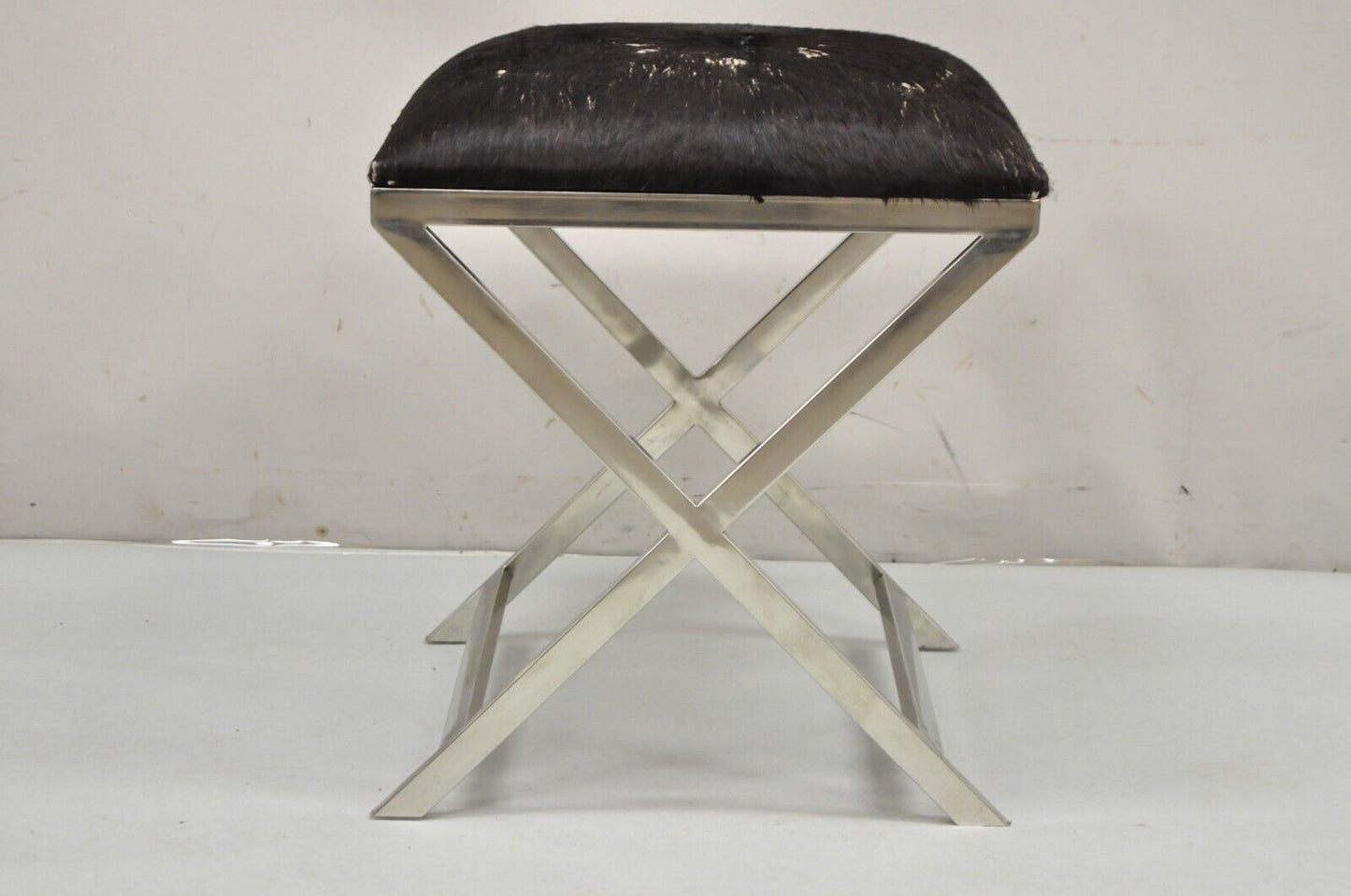 Modern Chrome Frame X-Frame Metal Stool with Cowhide Upholstery