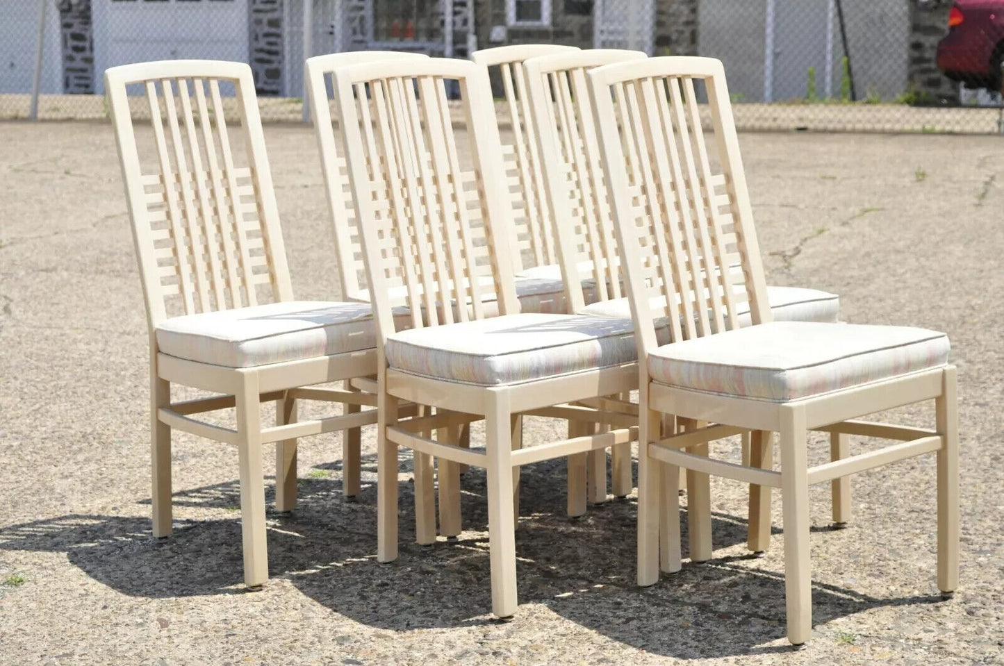 Vintage Postmodern Cream Lacquered Cross Slat Back Dining Side Chairs - Set of 6