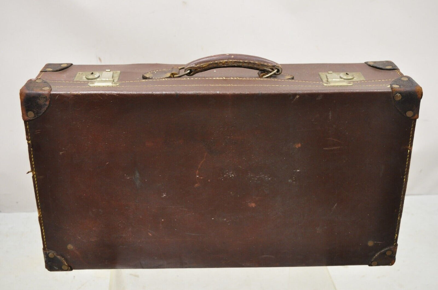 Antique Art Deco Brown Leather English 25" Luggage Travel Suitcase