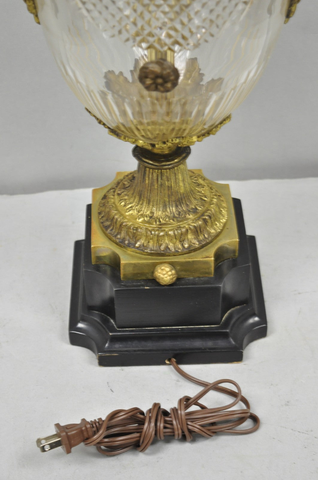 Antique French Neoclassical Bronze Lion Ormolu Diamond Cut Glass Urn Table Lamp