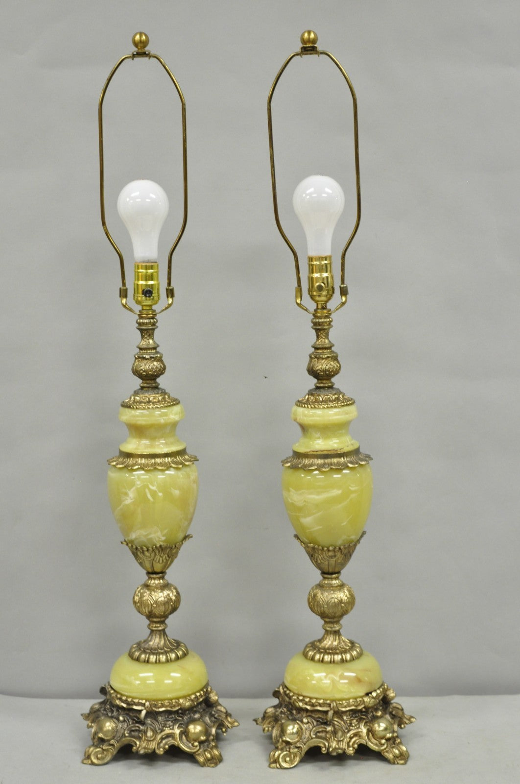 Vintage French Baroque Hollywood Regency Green Onyx Brass Table Lamps - a Pair