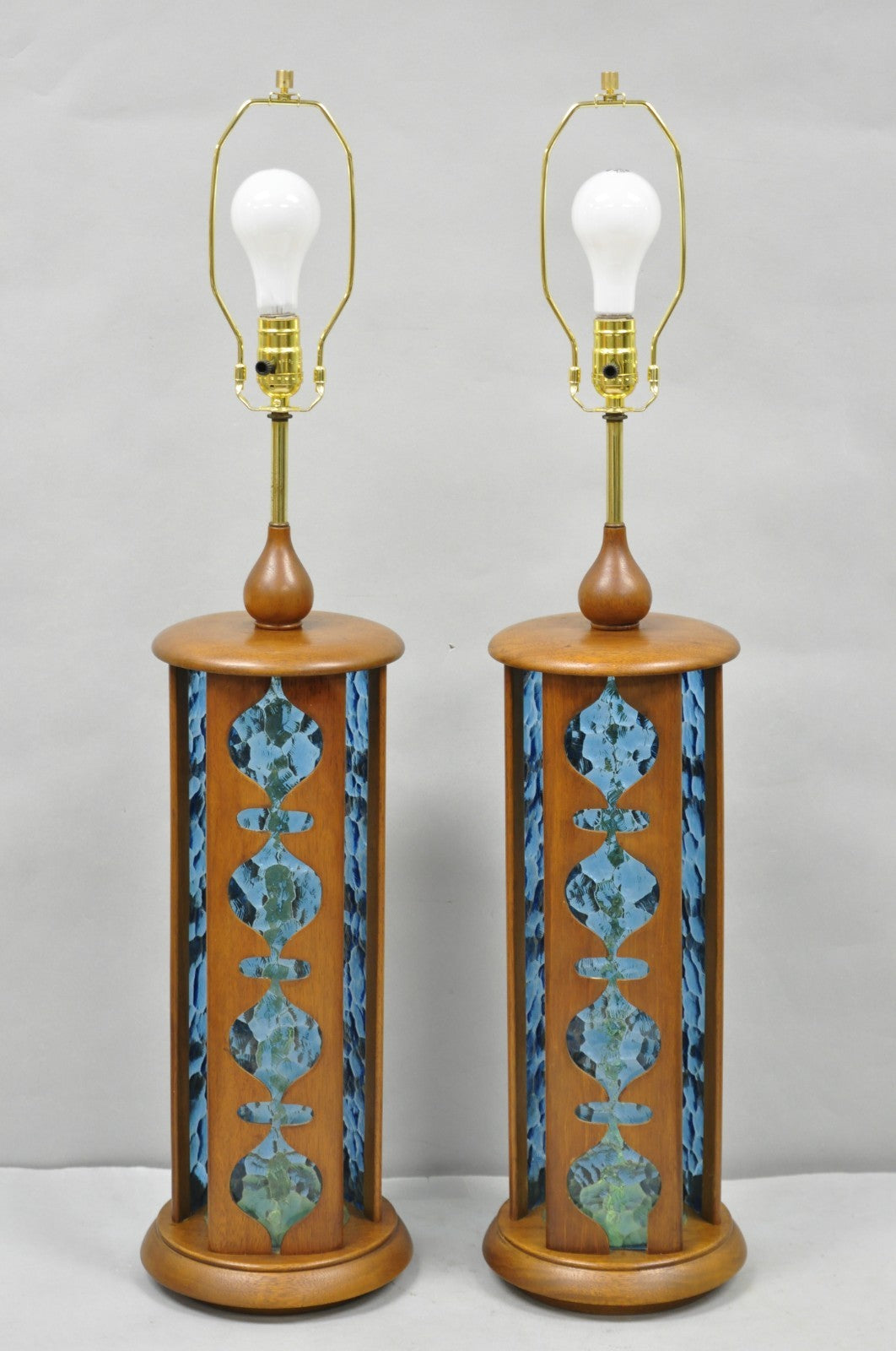 Vintage Modeline Mid Century Modern Walnut & Blue Stained Glass Table Lamps Pair