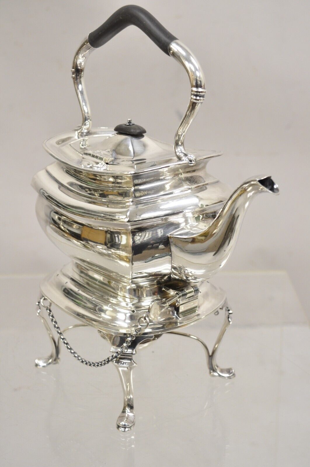 Antique HB&H English Edwardian Silver Plated Tilting Tea Kettle Pot On Base