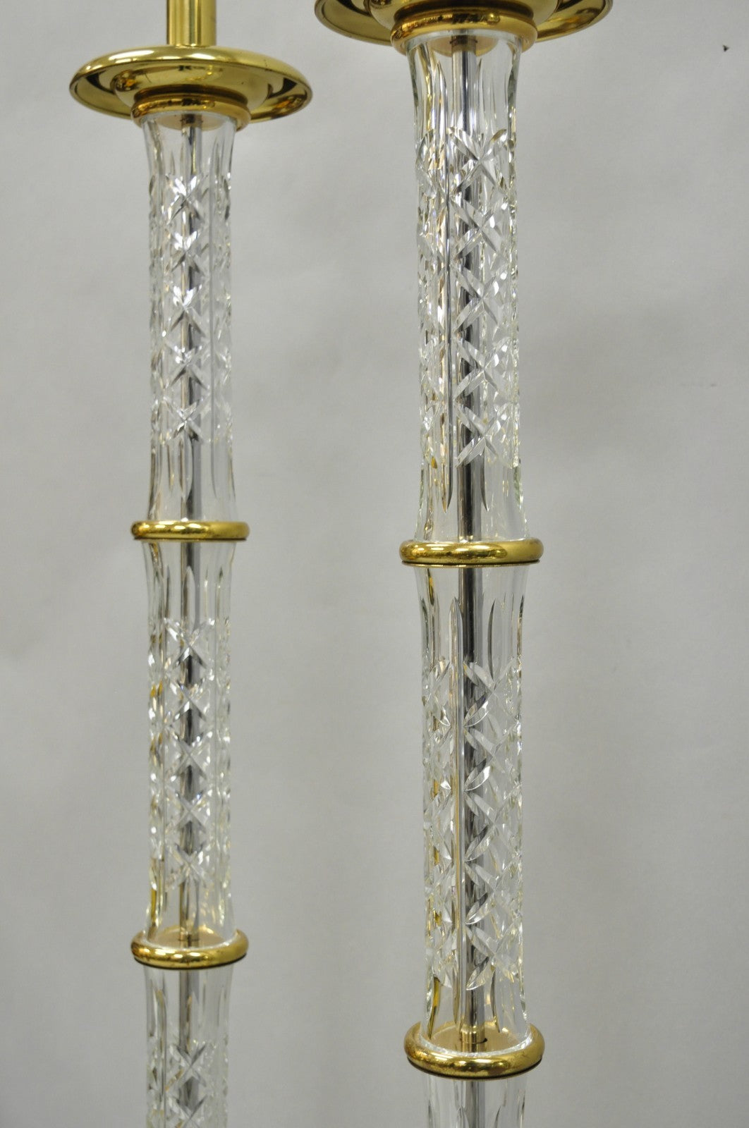 Waterford Kinsale Crystal Glass Column Brass Empire Style Floor Lamp - a Pair