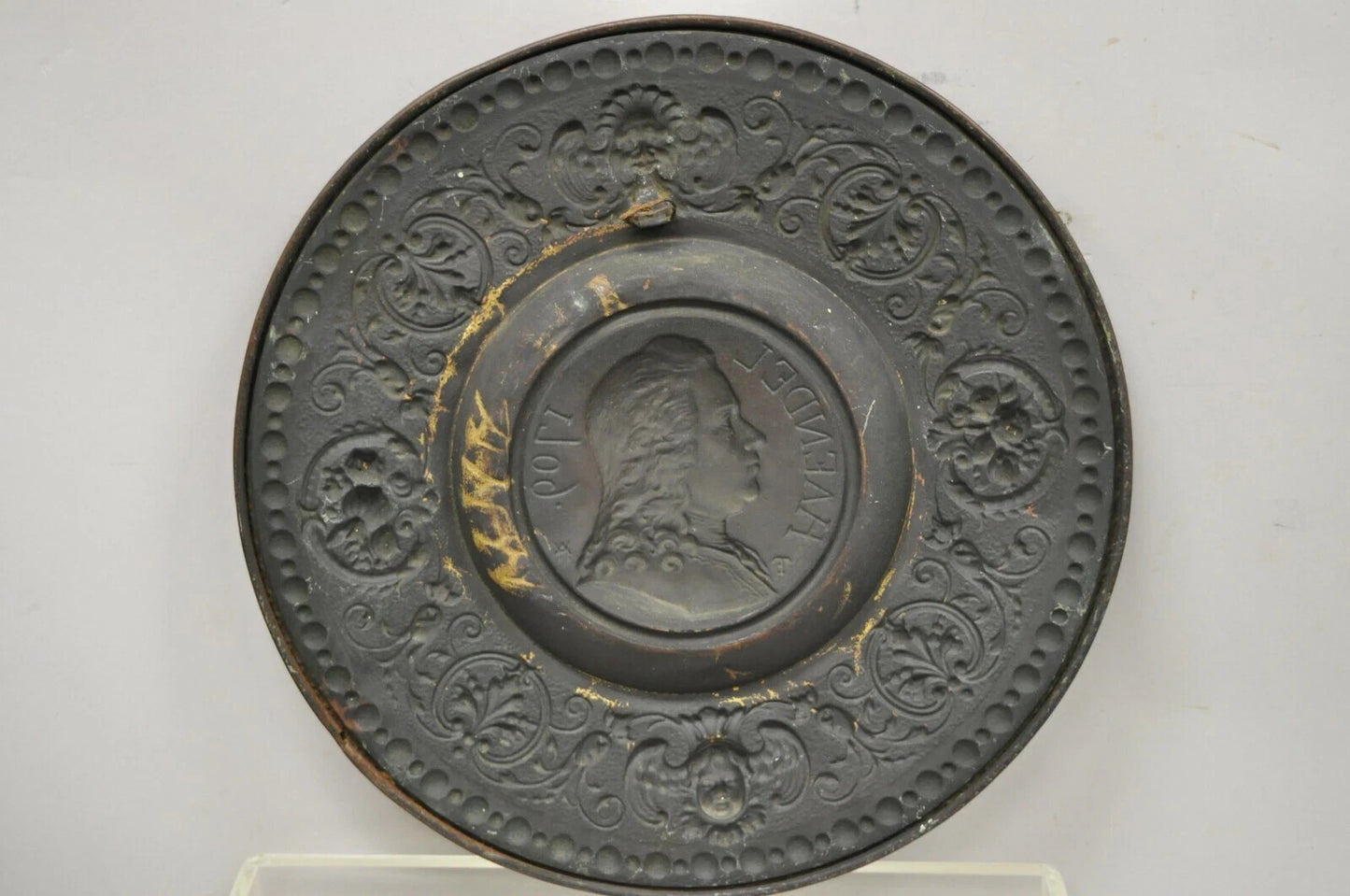 Antique Embossed Copper Neoclassical Bach and Haendel Charger Plates - a Pair