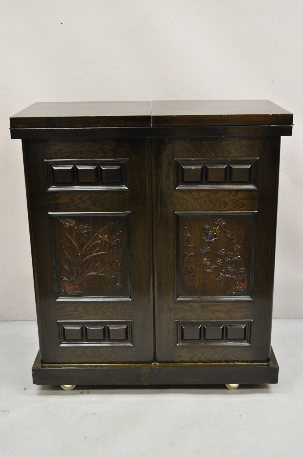Vintage Korean Carved Wood Marble Top Asian Chinese Liquor Cabinet Dry Bar