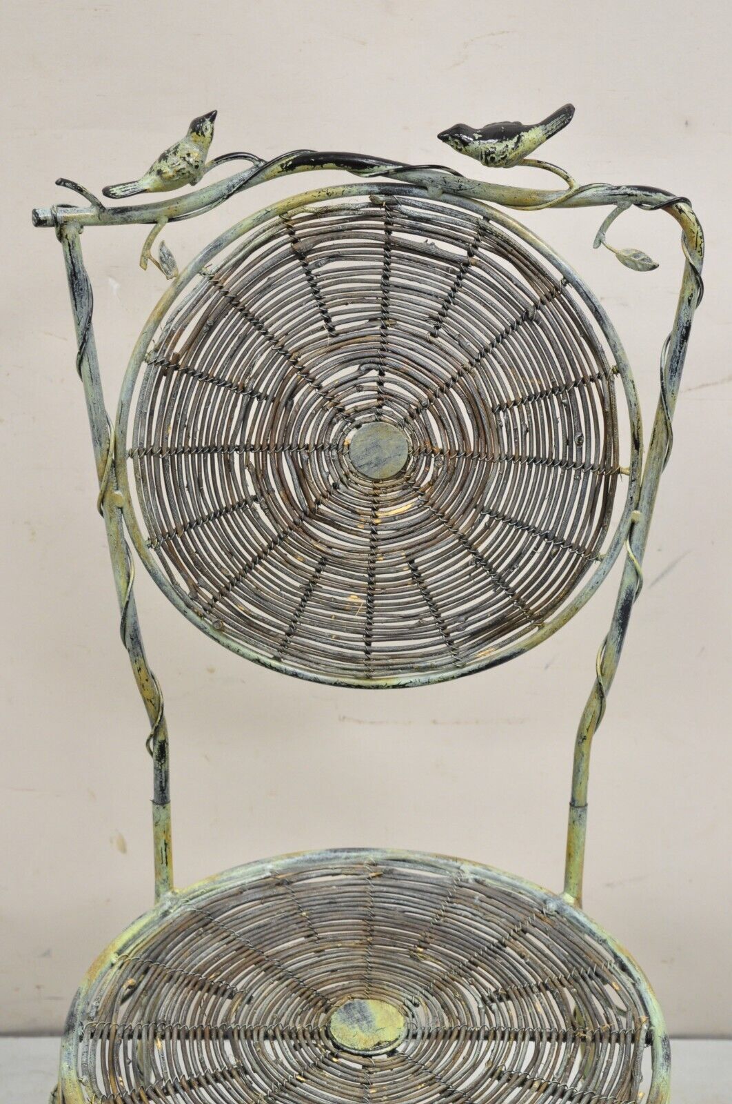 French Country Style Iron and Wood Reed Green Bistro Side Chair with Birds