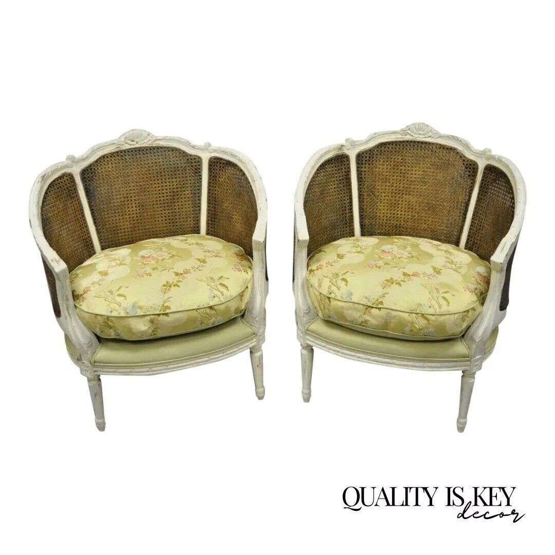 French Louis XVI Style White Distress Painted Cane Bergere Club Chairs - a Pair