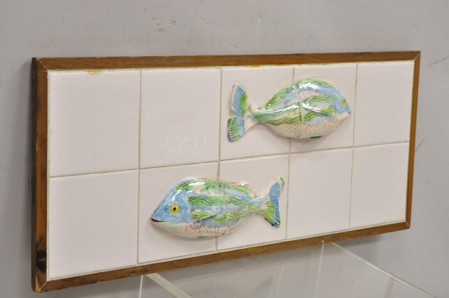 Vintage Mid Century Modern Glazed Ceramic Tile Framed Blue Green Fish Wall Art