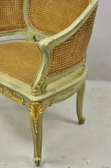 Antique French Louis XV Style Green Distressed Gold Gilt Cane Bergere Arm Chair