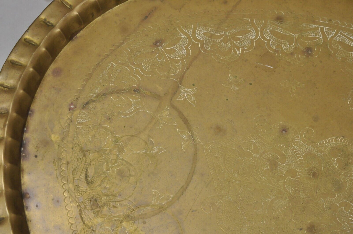 Vintage Moroccan Middle Eastern Solid Brass Large Oval Engraved 42" Tray Top