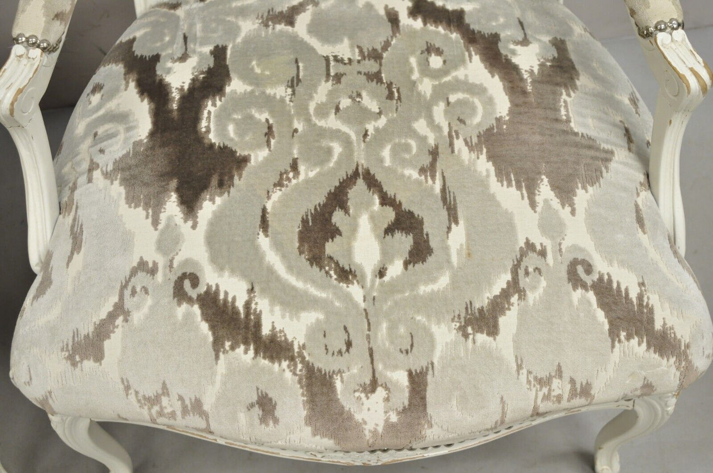 Vintage French Country Louis XV Style White Distress Painted Arm Chairs - a Pair