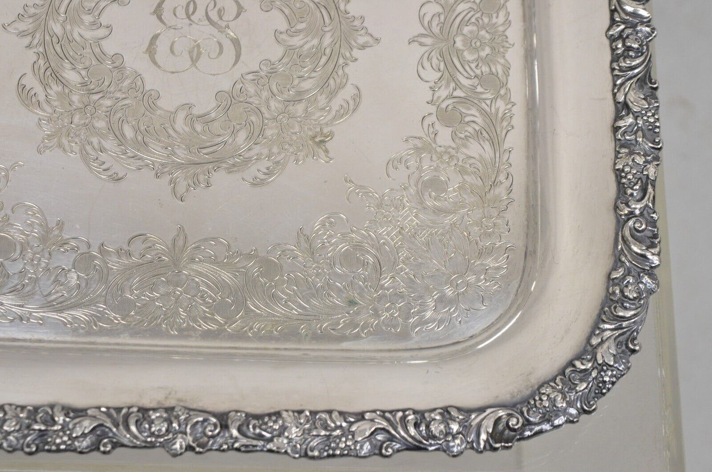 Vintage English Victorian Sliver Plated 15" Square Platter Tray With Monogram