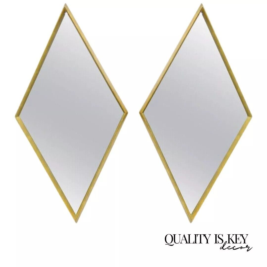 Hollywood Regency Diamond Shaped Deep Wood Frame Gold Leaf Wall Mirrors - Pair