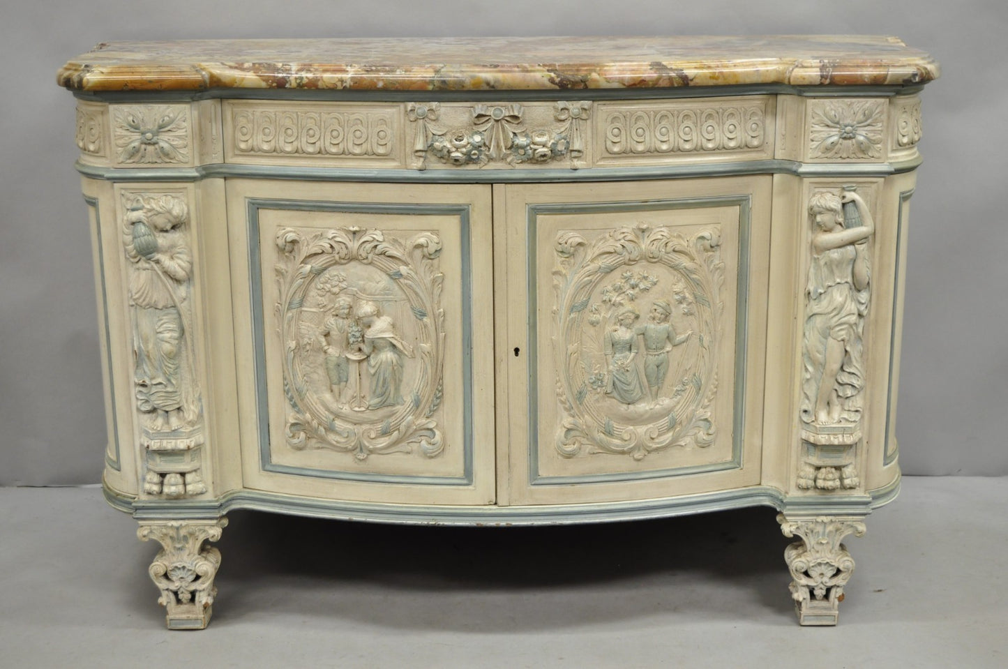 French Renaissance White Blue Painted Figural Carved Marble Top Buffet Commode
