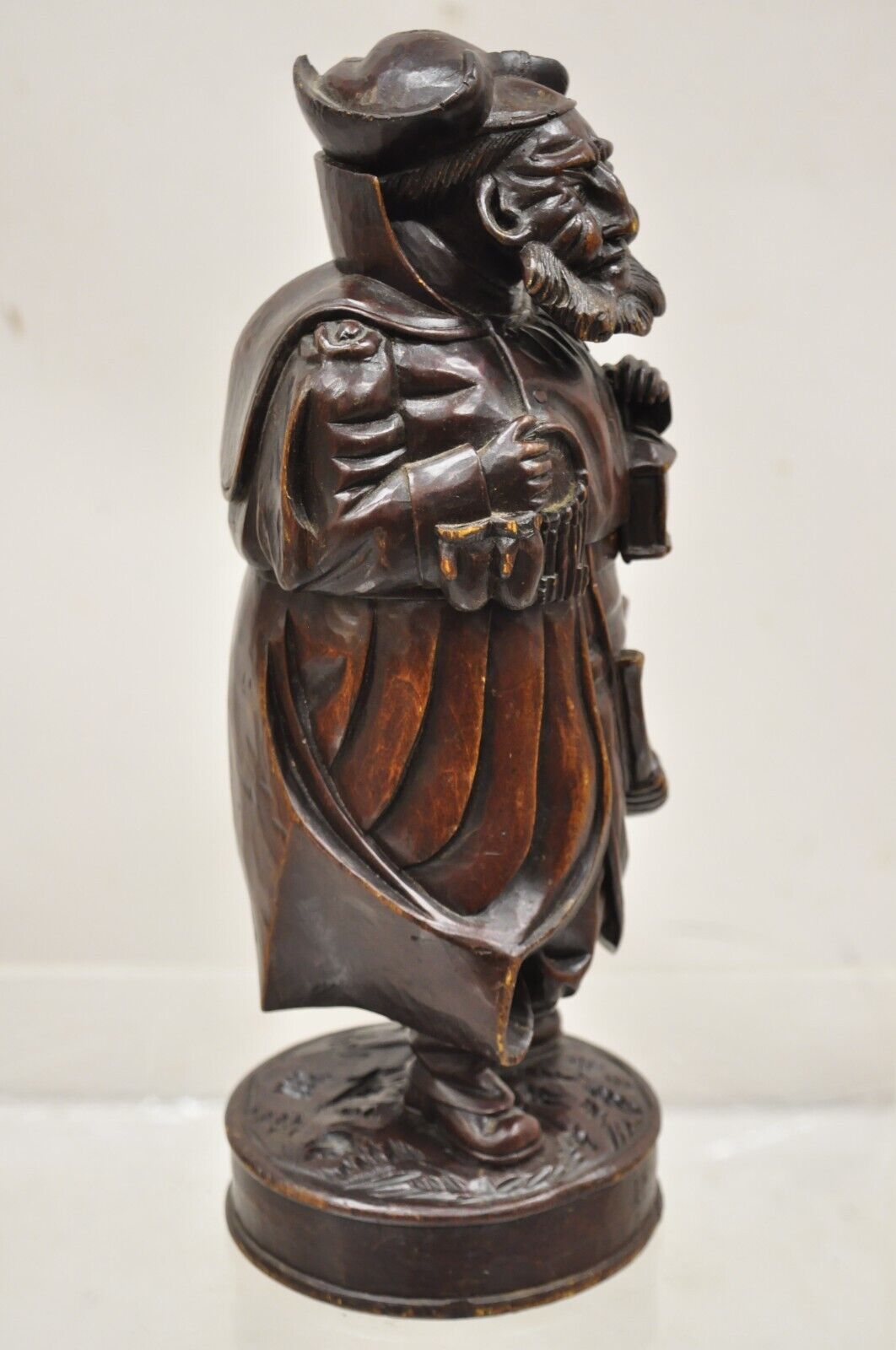19th C. Black Forest Figural Wood Carved Night Watchman Lidded Tobacco Jar Box