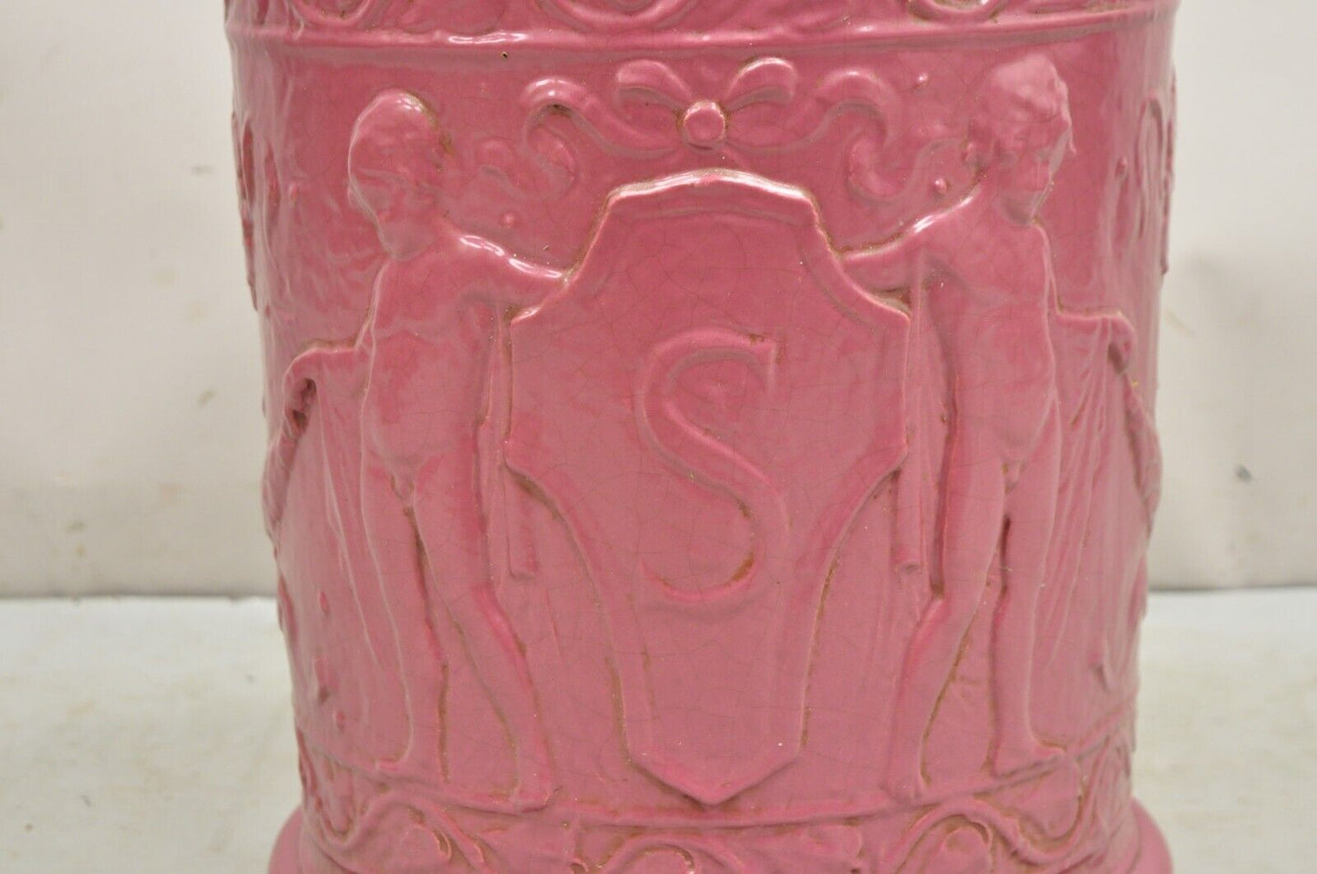 Antique Purple Glazed Stoneware Pottery Italian Classical Putti Shield Planter