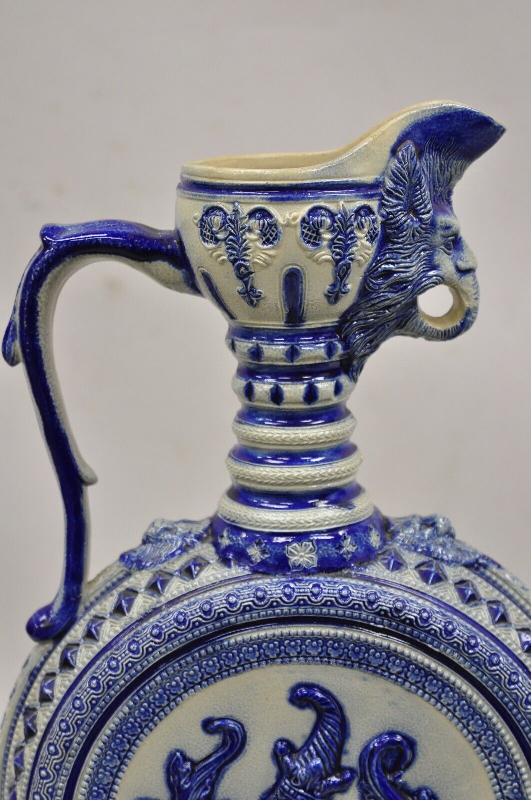Antique Westerwald German Cobalt Blue Figural Stoneware Pottery Jug Pitcher