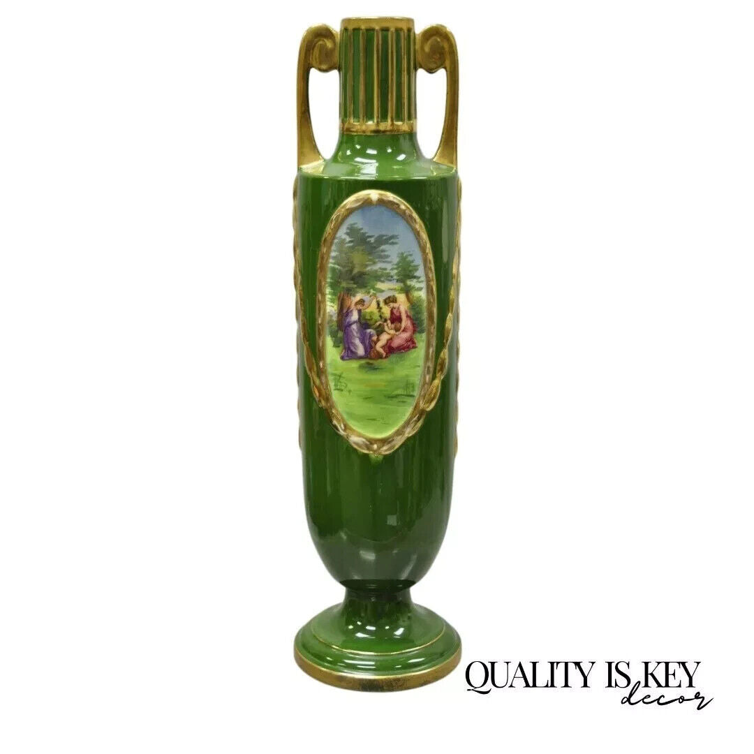 Antique Josef Joseph Strnact JS 20" Tall Green French Porcelain Vase, Austria