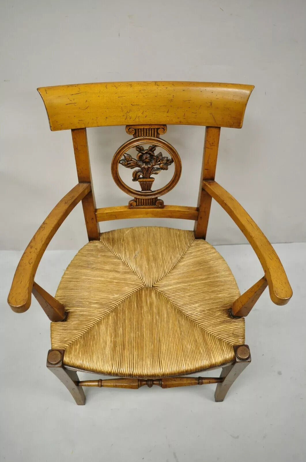 Vintage French Country Cherry Wood Italian Distressed Rush Seat Dining Arm Chair