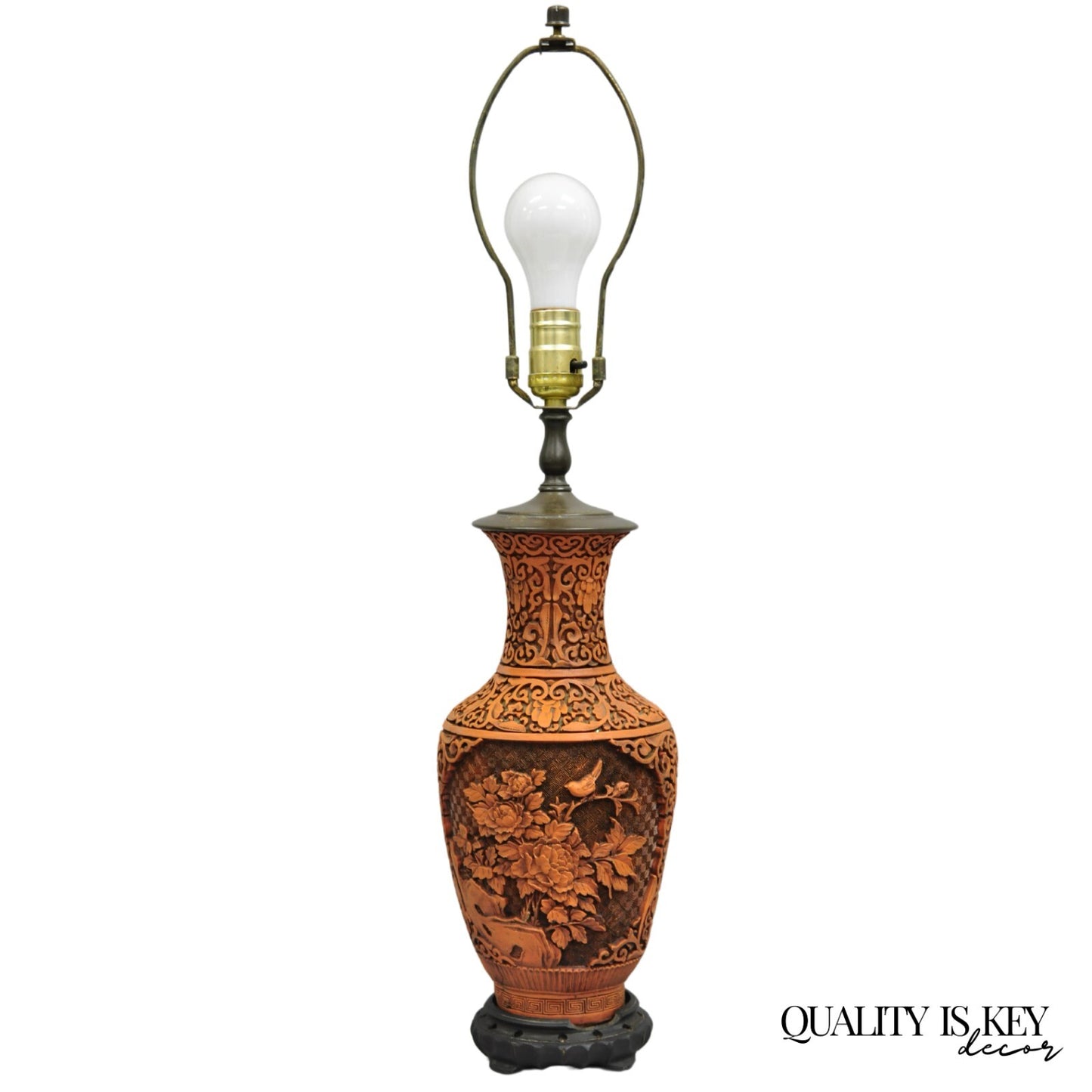 Vintage Chinoiserie Chinese Orange Carved Cinnabar Vase Jardiniere Table Lamp