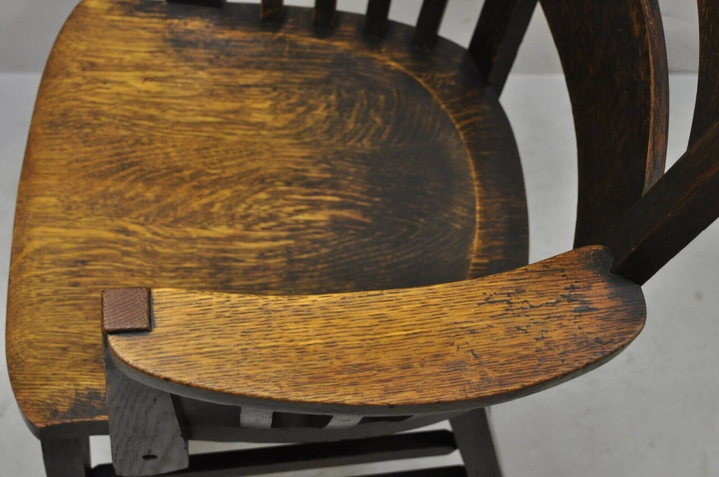 Antique Arts & Crafts Mission Oak Bowed Spindle Plank Seat School Arm Chair