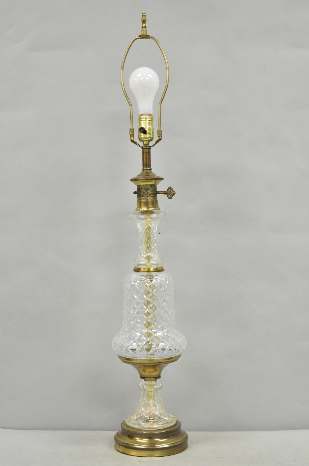 Vintage French Empire Style Crystal Glass Pineapple Column Brass Table Lamp