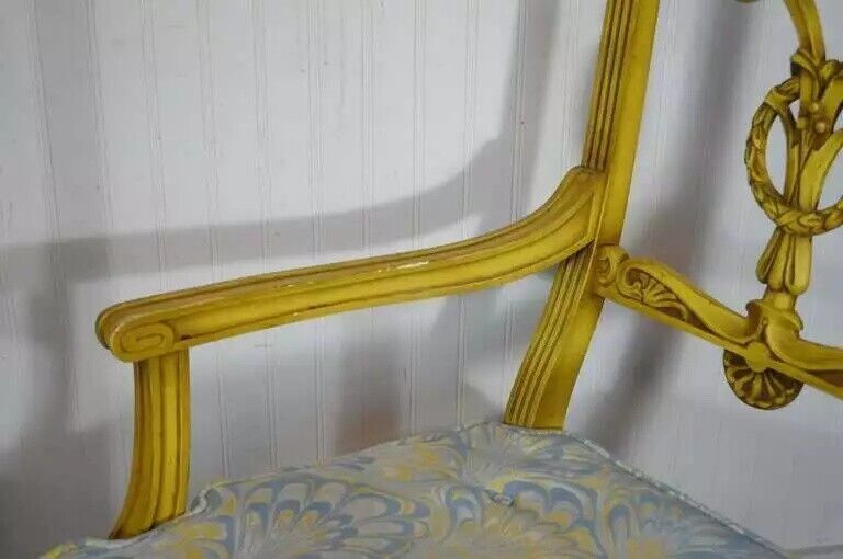 Vintage French Regency Louis XVI Yellow Carved Wood Dining Chairs - Set of 6