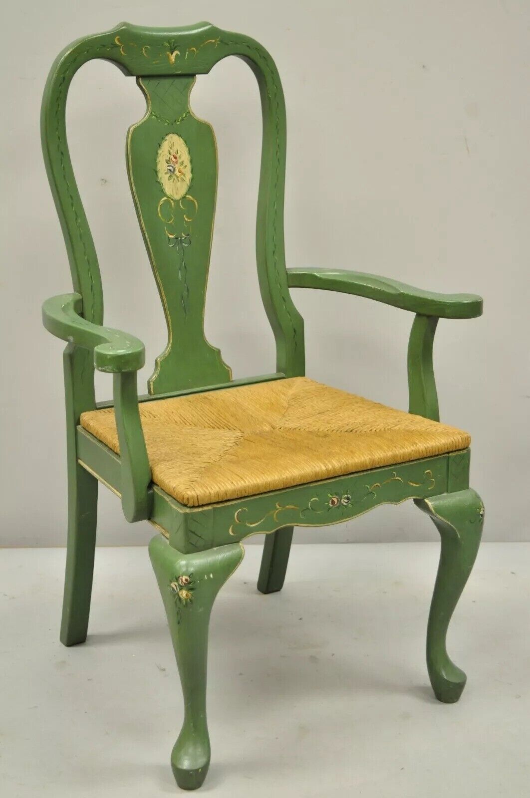 Vintage Queen Anne Style Green and Red Painted Rush Seat Arm Chairs - a Pair