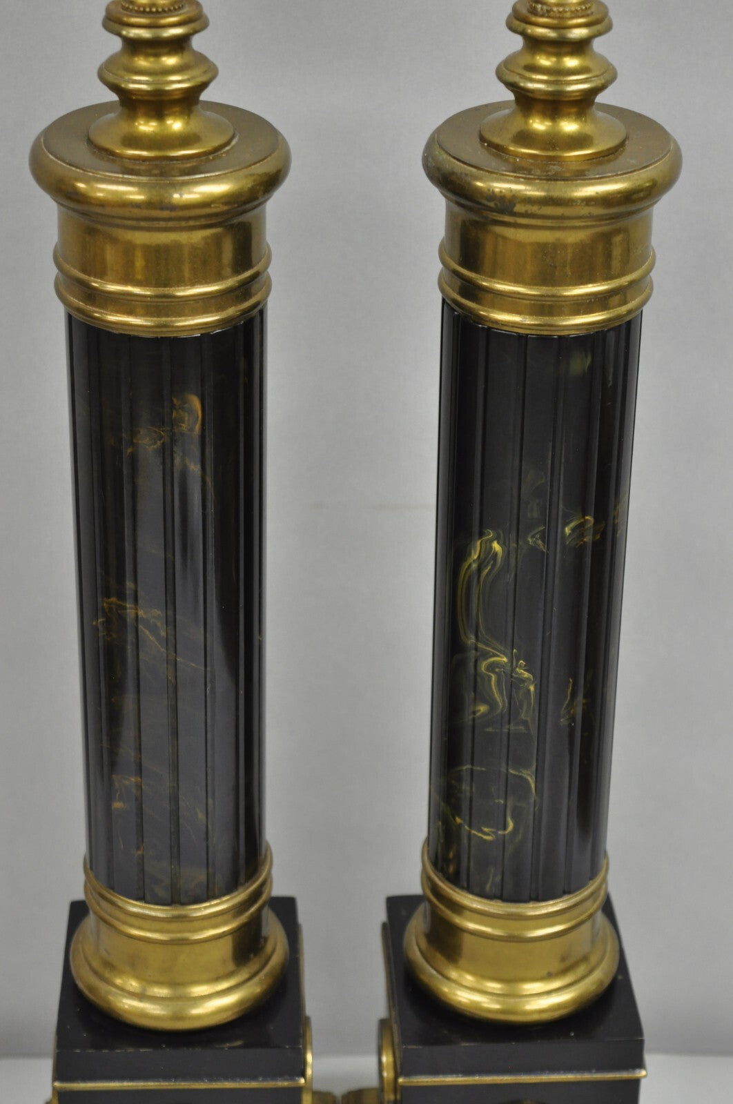 Vintage French Empire Brass Metal "Smoky" Celluloid Column Table Lamps - a Pair