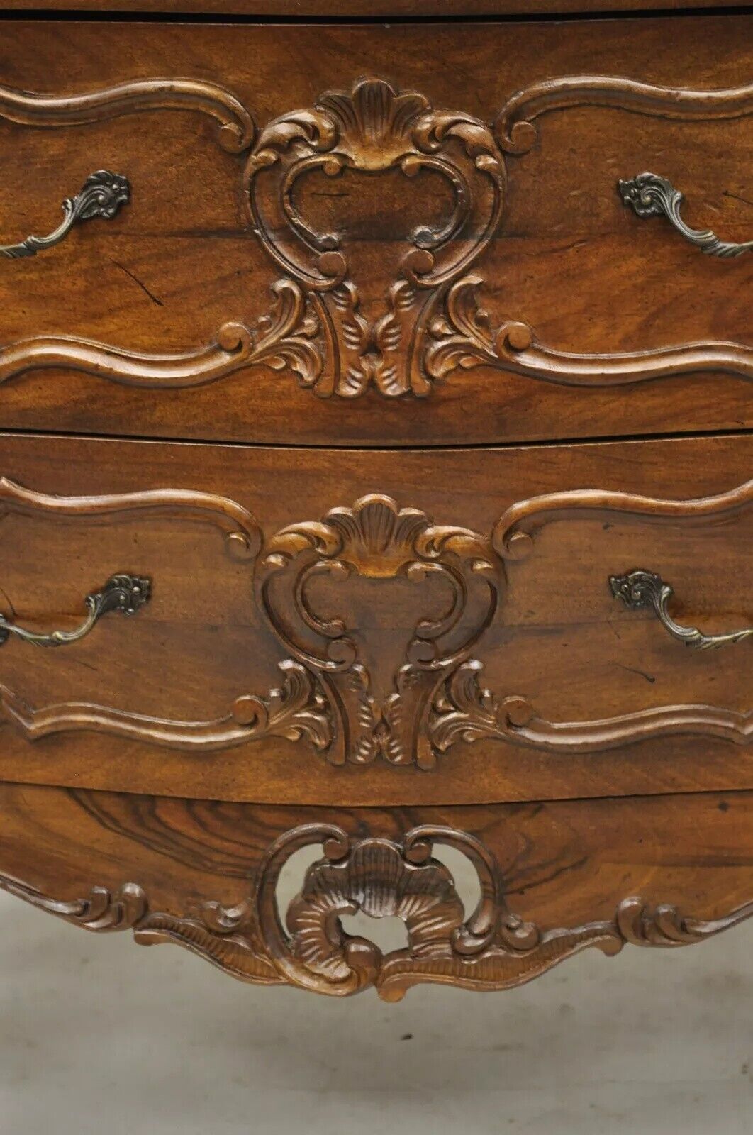 Vintage Louis XV Style Carved Walnut 2 Drawer Chest Italian Small Bombe Commode