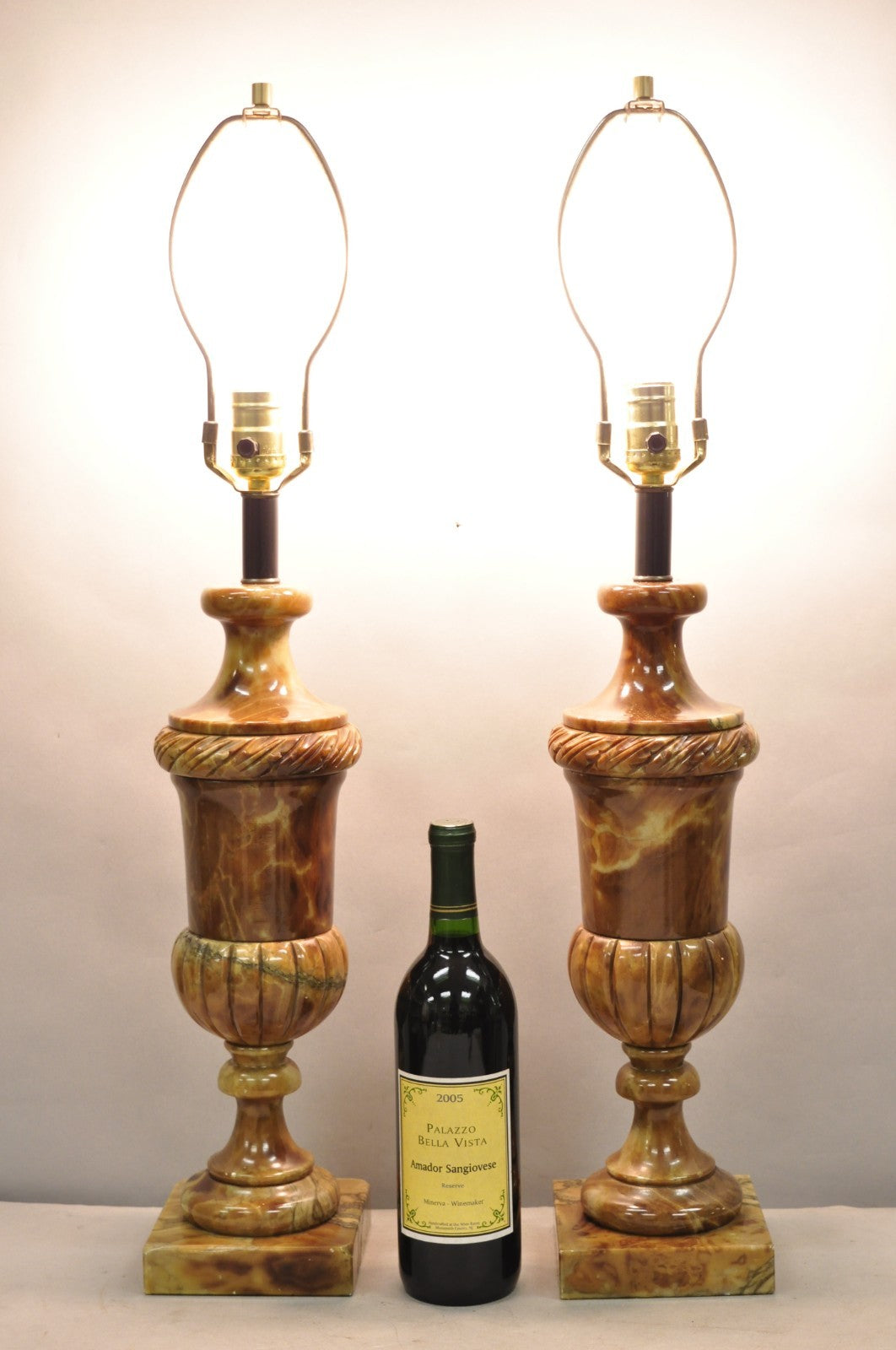 Vintage French Empire Style Polished Brown Marble Urn Form Table Lamps - a Pair