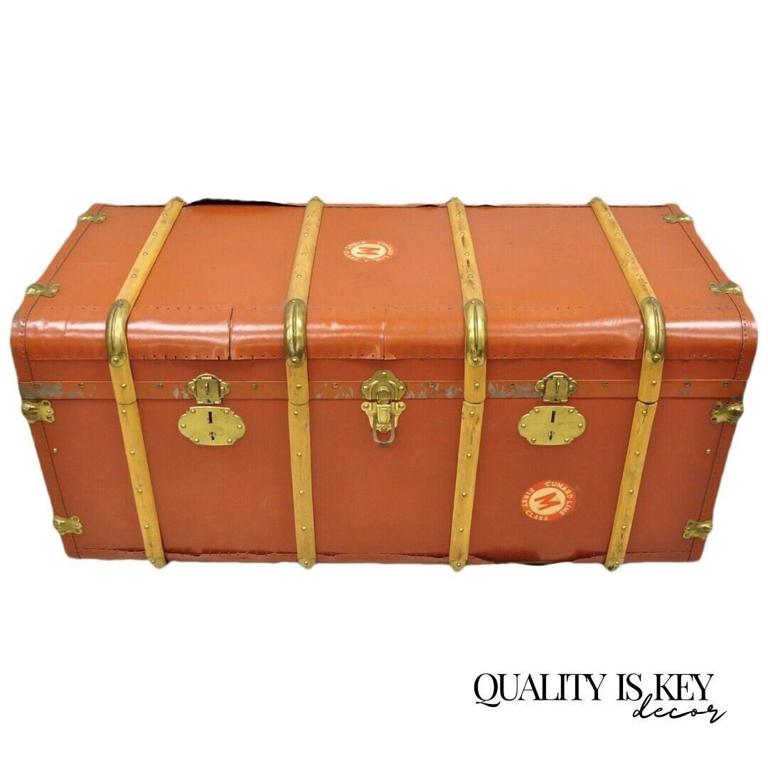 Antique Wooden Band Large Steamer Trunk Orange Ship Trunk Cunard Line Decals
