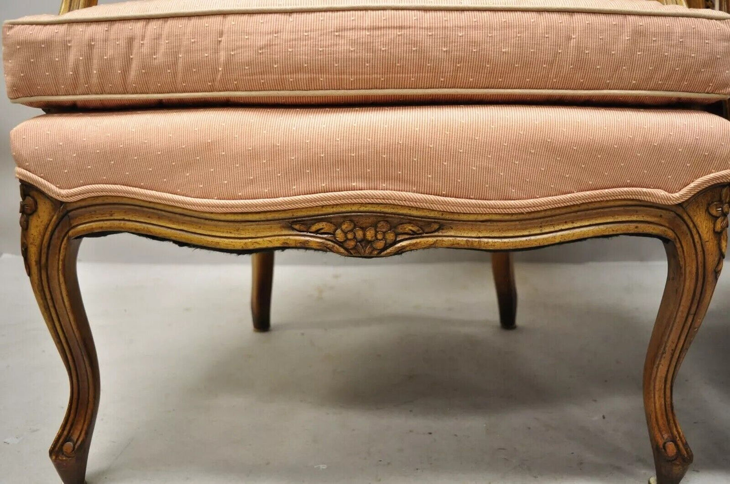French Louis XV Provincial Style Carved Walnut Cane Back Arm Chairs - a Pair