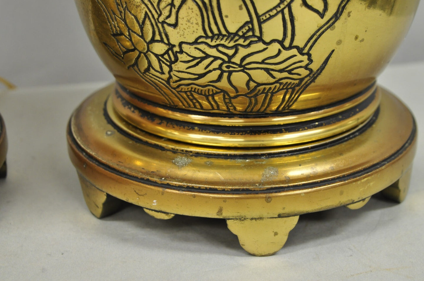 Vintage Chinoiserie Brass Stacked Beehive Table Lamps with Floral Etching - Pair