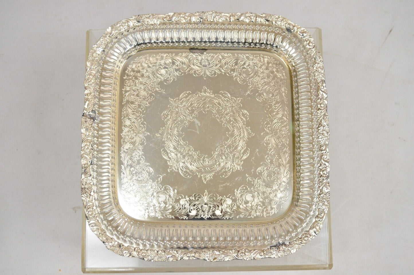 Vintage English Victorian Silver Plated Reticulated Square Serving Platter Tray