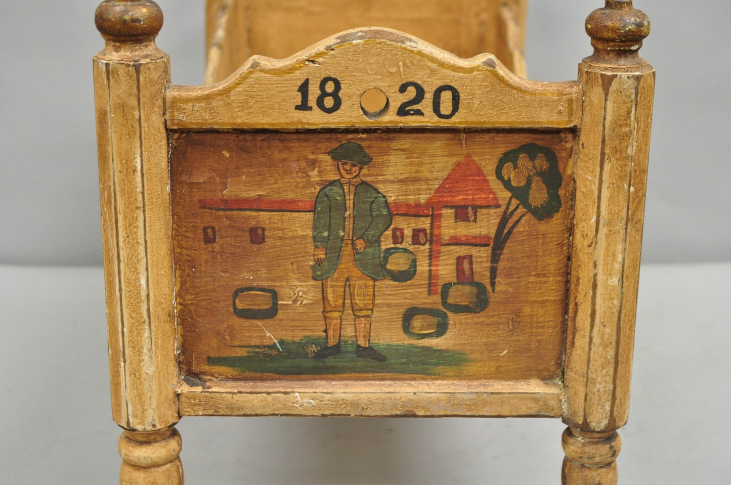 Antique Colonial Figural Painted "1820" Wooden Baby Doll Cradle