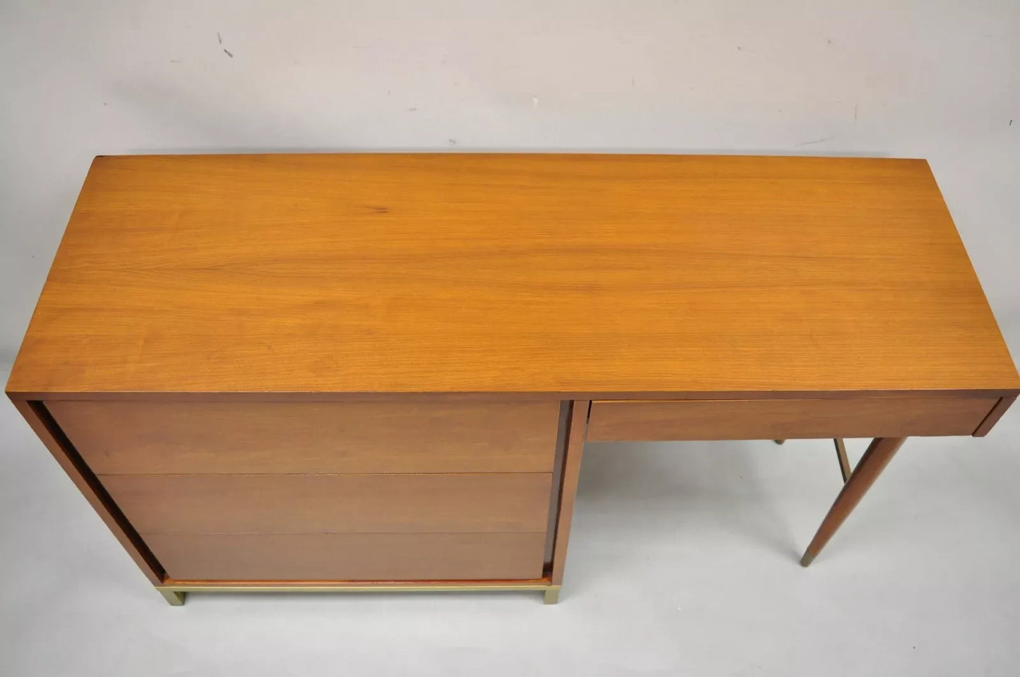 Vintage Mid Century Modern Walnut Brass Base Modernist Kneehole Writing Desk