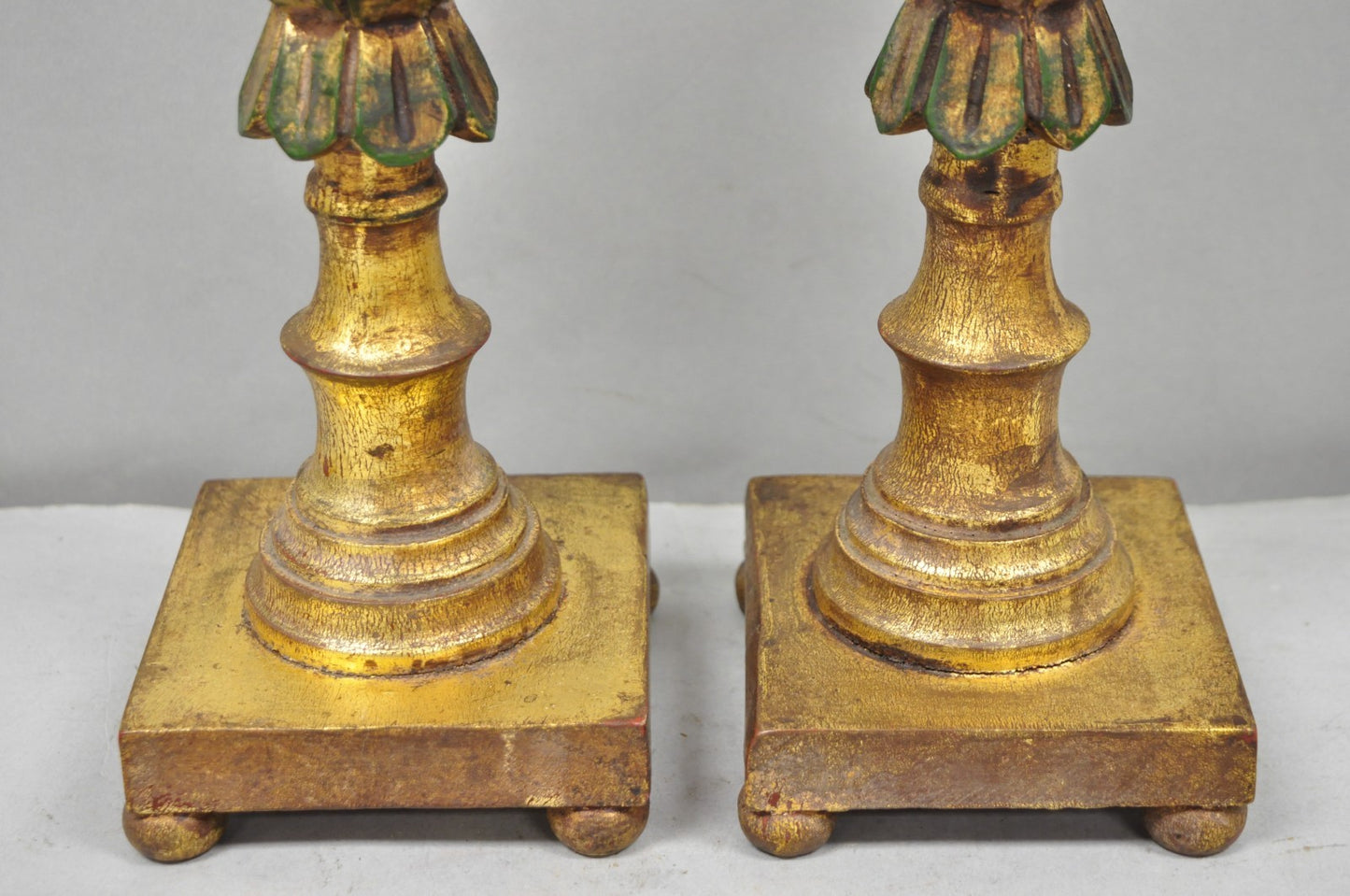 Vintage Italian Hollywood Regency Carved Gold Giltwood Pineapple Table Lamp Pair