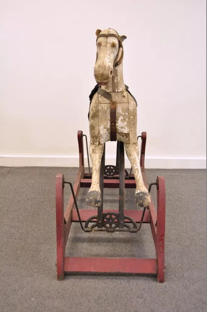 Antique Primitive Glider Rocking Hobby Horse Rustic Carved Wood Cast Iron Red