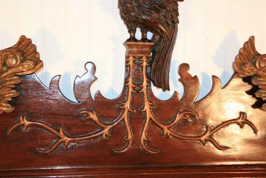 Antique Chippendale Style Mahogany and Giltwood Phoenix Bird Large Wall Mirror