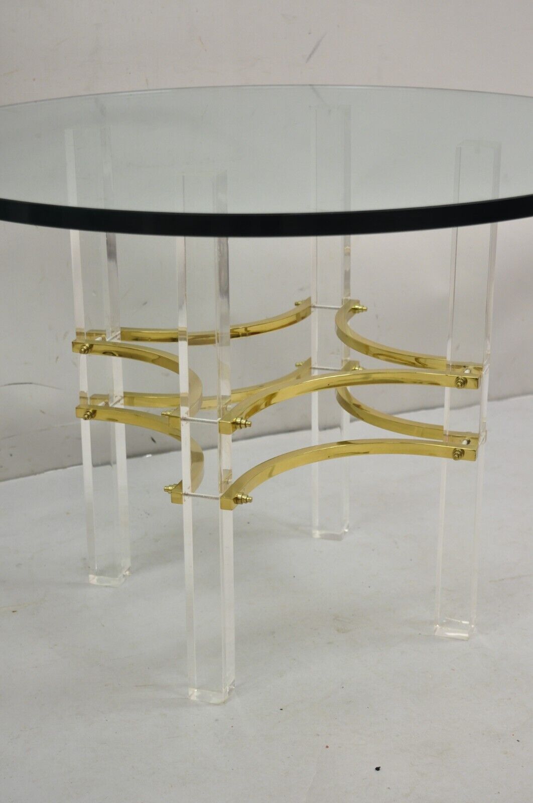 Mid Century Modern Charles Hollis Jones Style Lucite Brass Round Side Table