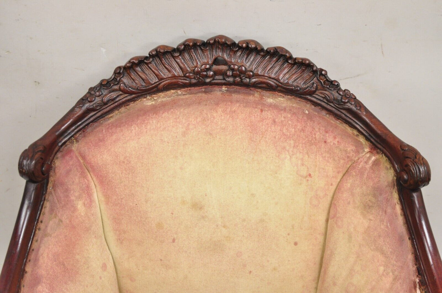 Antique French Art Nouveau Carved Mahogany Bergere Club Lounge Arm Chair