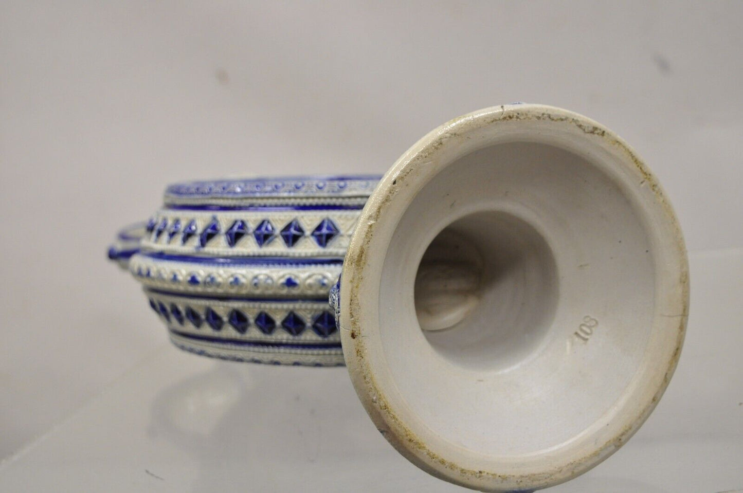 Antique Westerwald German Cobalt Blue Figural Stoneware Pottery Jug Pitcher