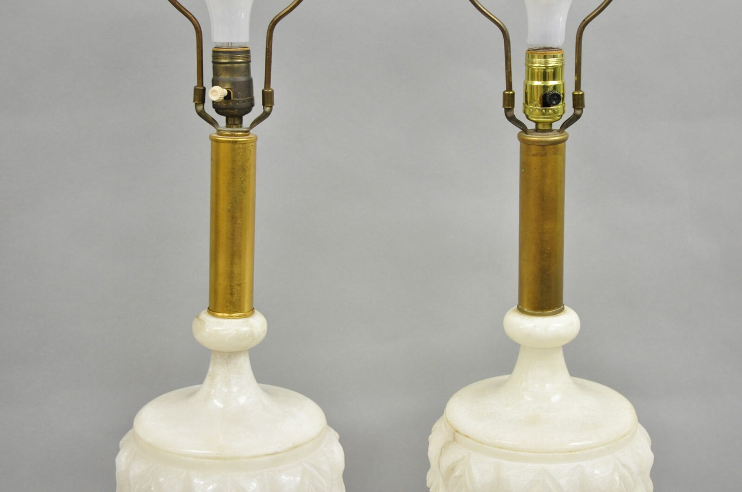 Neoclassical Large Carved Solid Alabaster Marble Leaf Bulbous Table Lamps Pair
