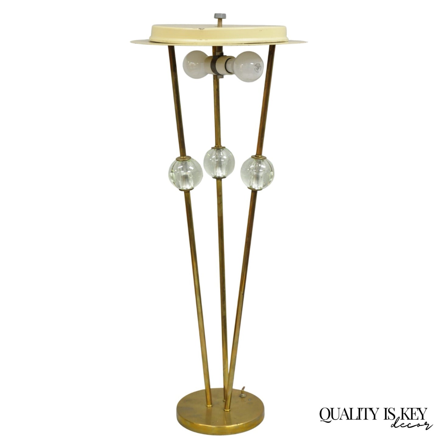 Vintage Mid Century Italian Modern Brass and Glass Sphere Tripod Tall Table Lamp